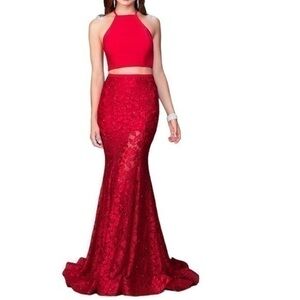 LA FEMME Red Two piece with sheer lace skirt gown